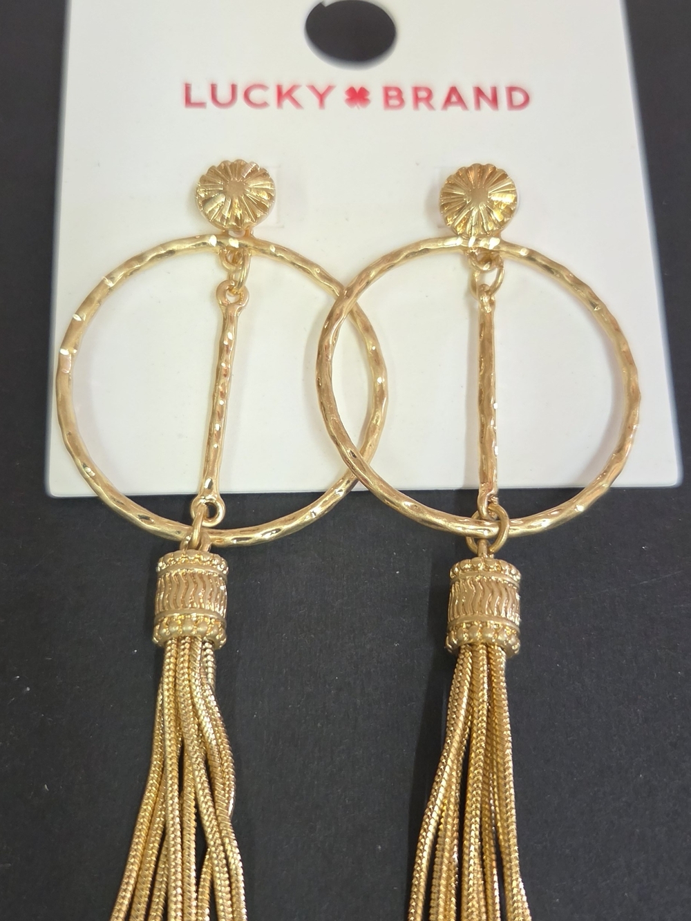 Lucky Brand Gold Hammered Hoop Tassel Drop Earrings